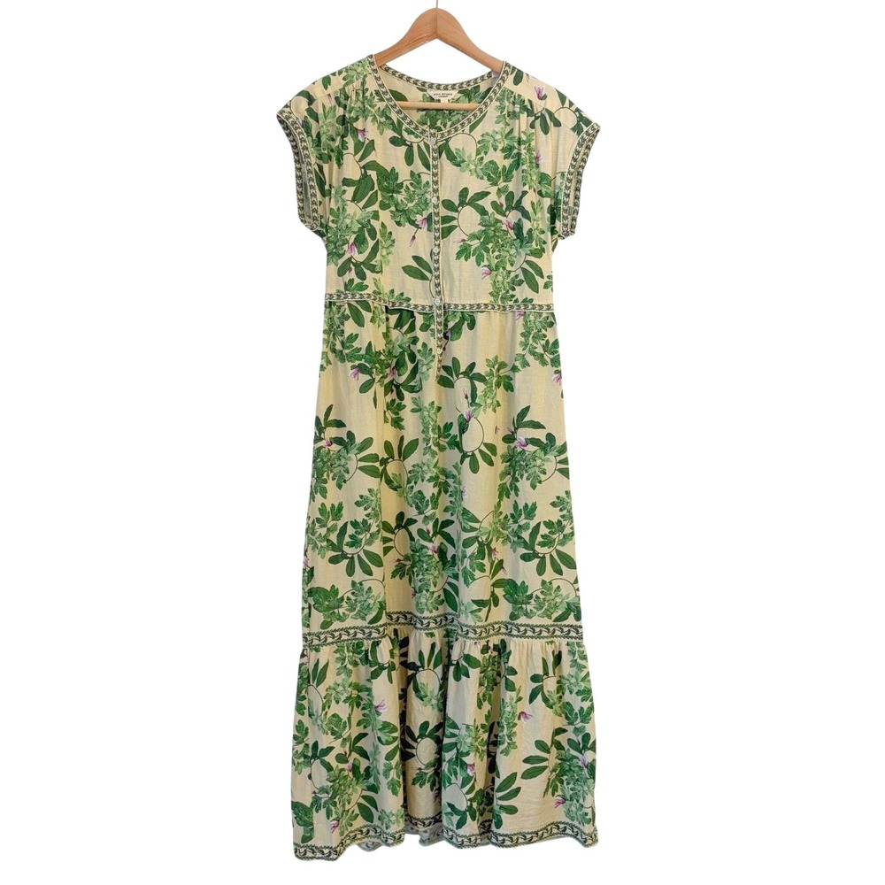 Max Studio Linen Blend Midi Dress S Botanical Floral European Summer Tiered - Picture 2 of 12